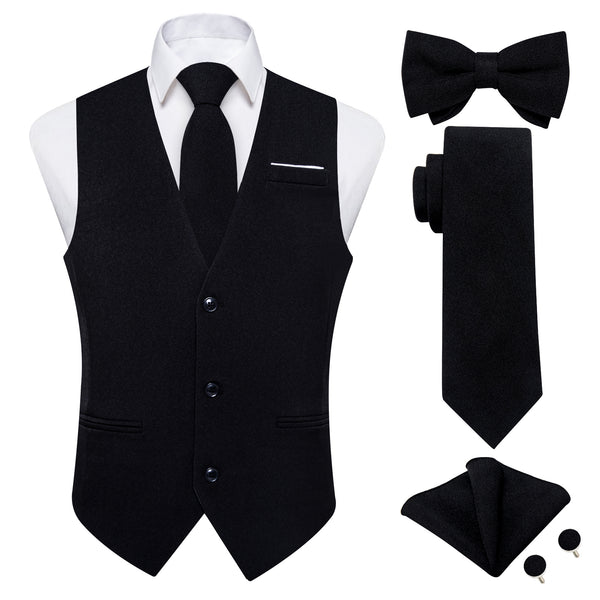 Ties2you Black Solid Jacquard Men's Vest Necktie Bowtie Set