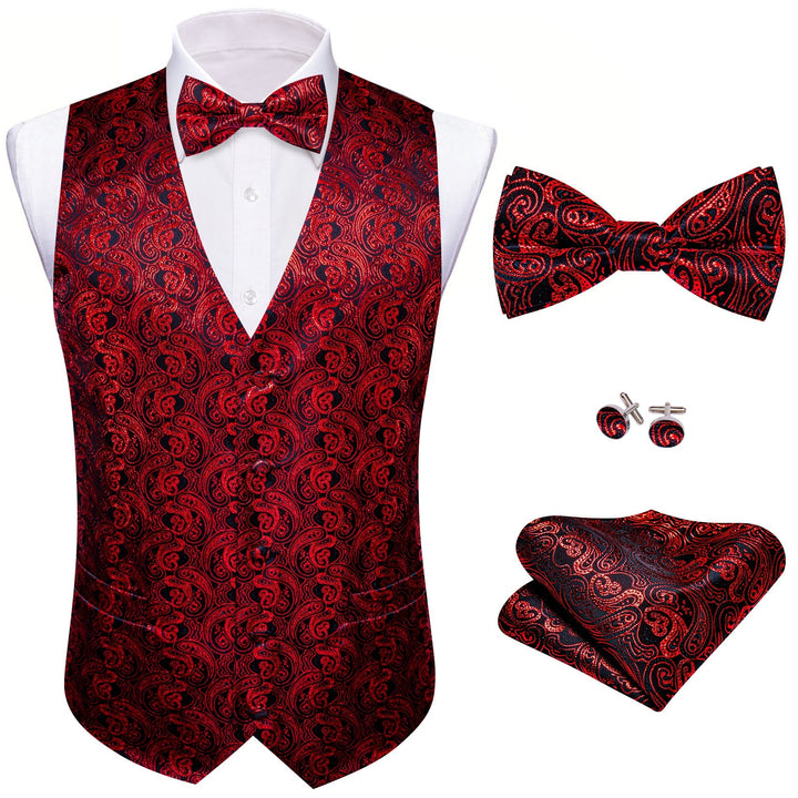 classic paisley Maroon red tuxedo vest bow tie pocket square cufflinks set for dress suit