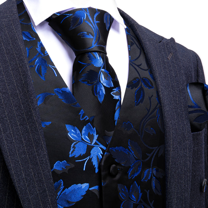 blue suit with vest of black and blue floral