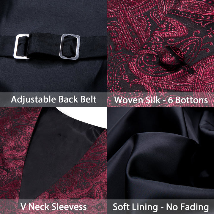 deep red paisley dressy vest mens silk waistcoat vest handkerchief cufflinks set for wedding celebration