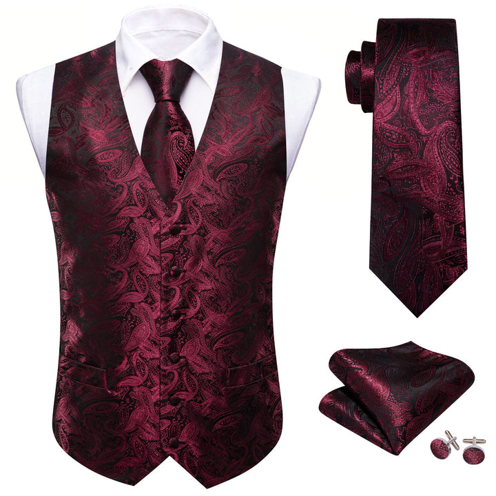 deep red paisley dressy vest mens silk waistcoat vest handkerchief cufflinks set for wedding celebration