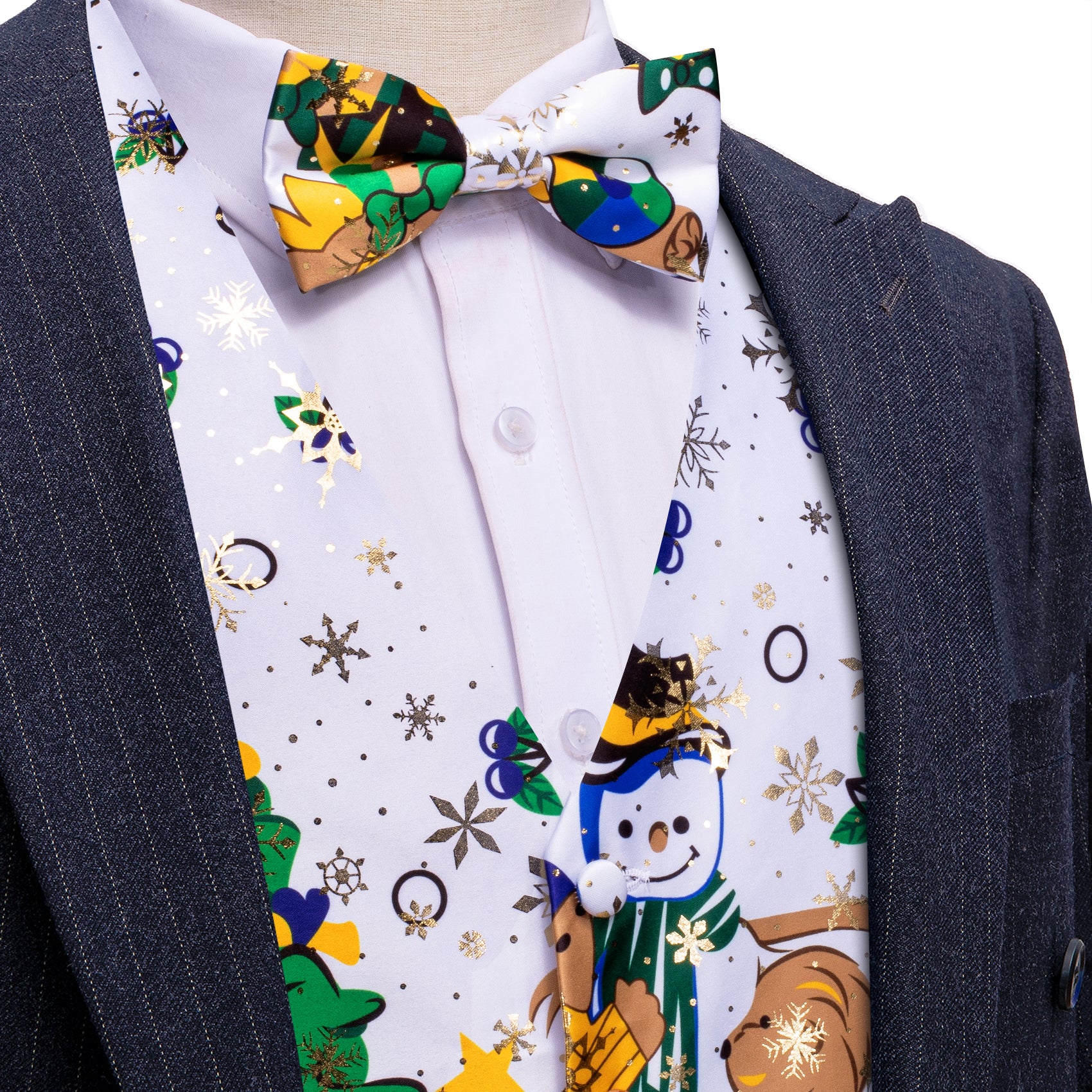 White Green Christmas Tree Vest Bowtie Hanky Cufflinks Set Waistcoat S ...