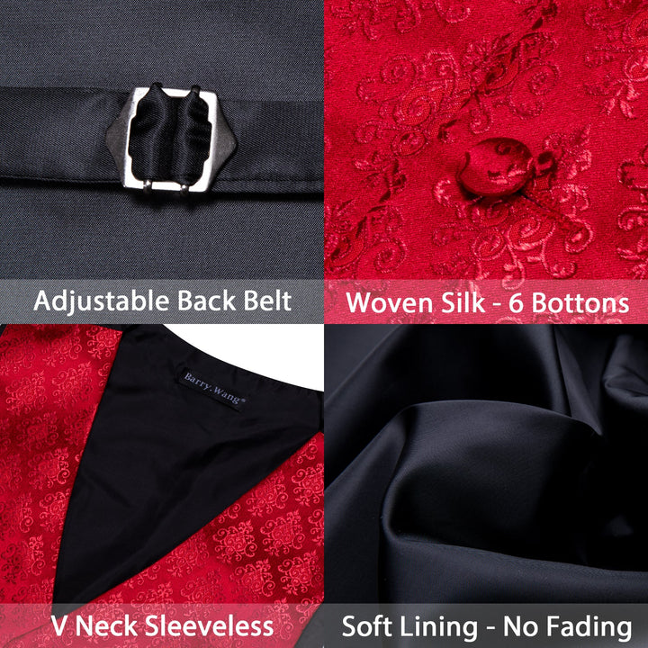 classic floral silk red vest outfit mens vest tie handkerchief cufflinks set