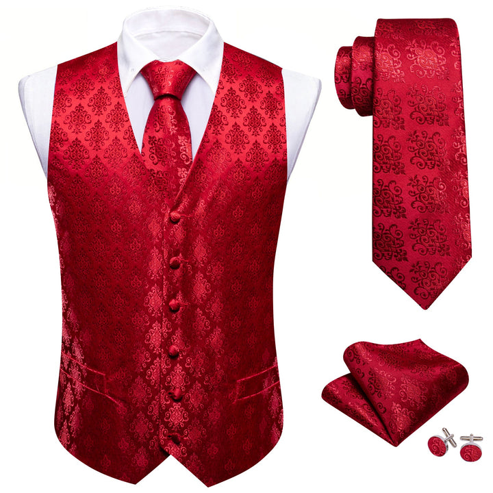 classic floral silk red vest outfit mens vest tie handkerchief cufflinks set