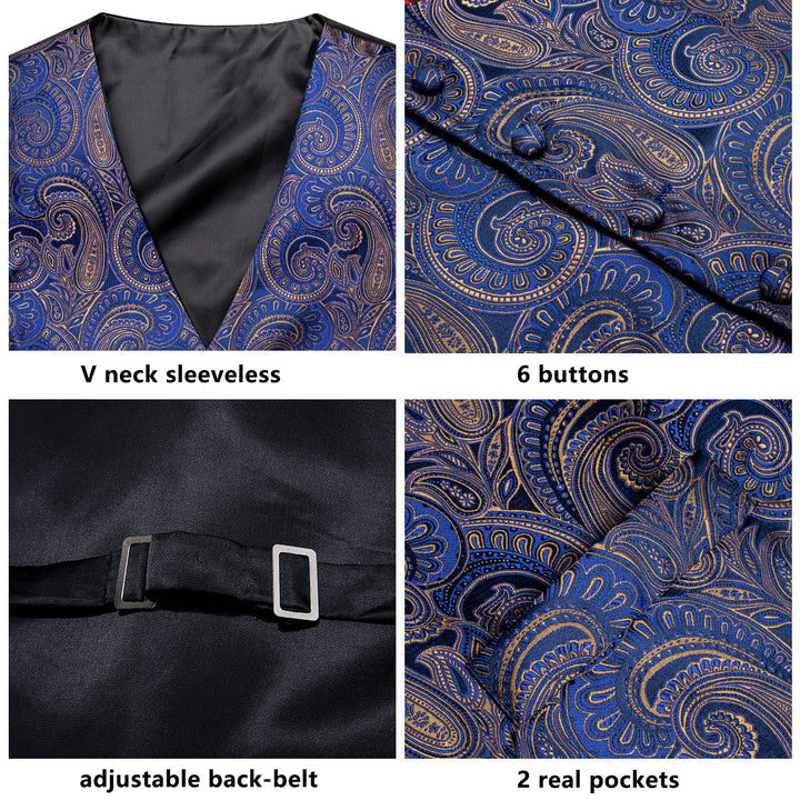 black tuxedo with royal blue vest and tie