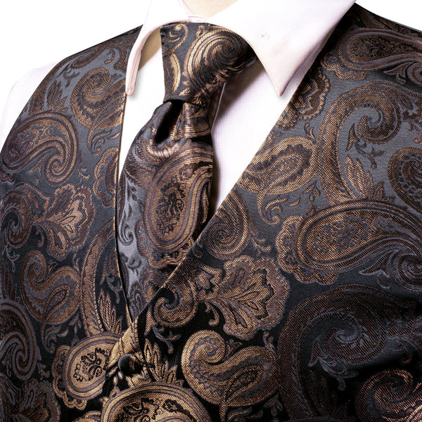 Black Brown Paisley Jacquard Silk Men's Vest Hanky Cufflinks Tie Set