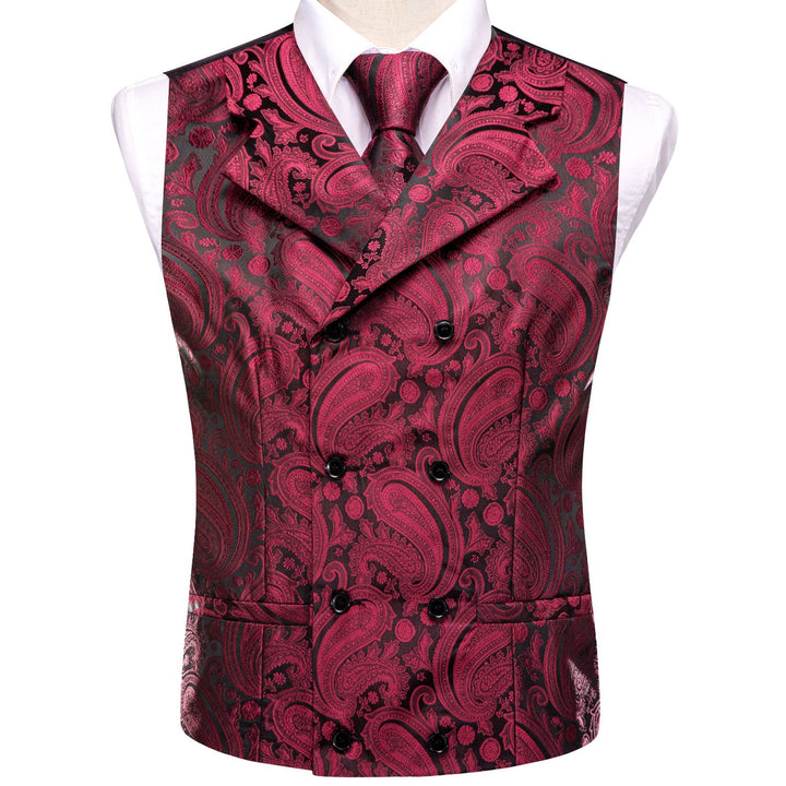 wedding vest Burgundy Red paisley black and red vest waistcoat tie pocket square cufflinks set