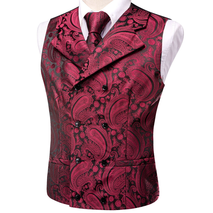 wedding vest Burgundy Red paisley black and red vest waistcoat tie pocket square cufflinks set