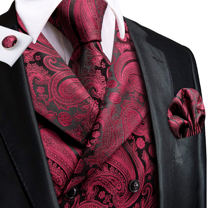 black suit red vest of Burgundy Red  paisley wedding silk mens vest tie pocket square cufflinks set for Tuxedo suit dress