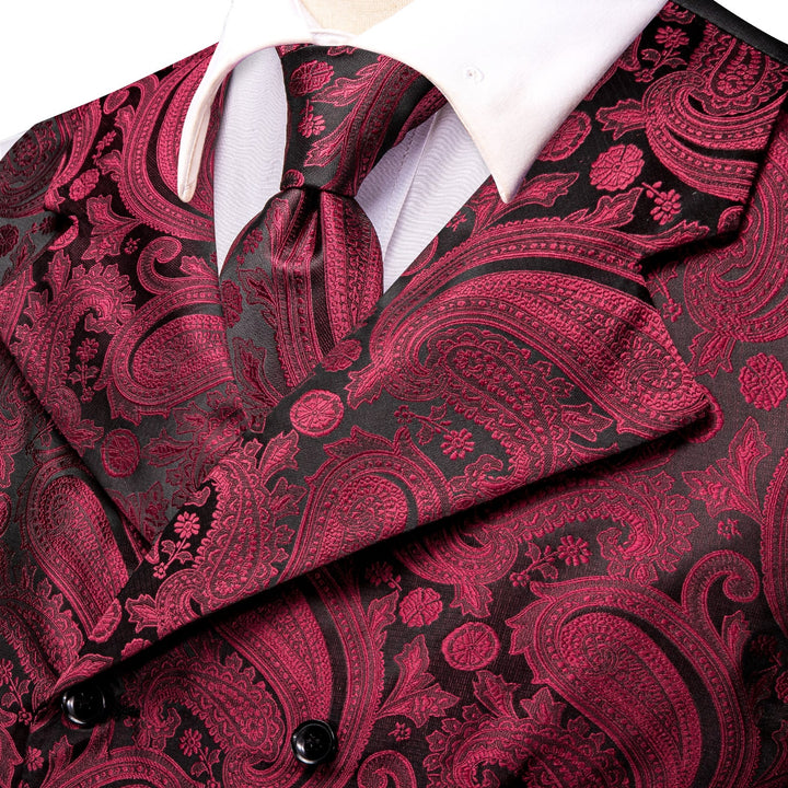 wedding vest Burgundy Red paisley black and red vest waistcoat tie pocket square cufflinks set