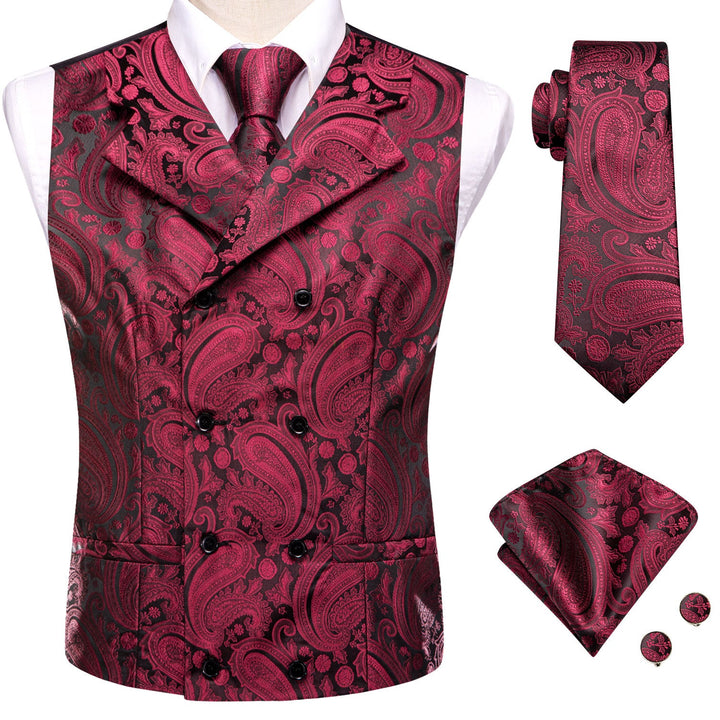 wedding vest Burgundy Red paisley black and red vest waistcoat tie pocket square cufflinks set