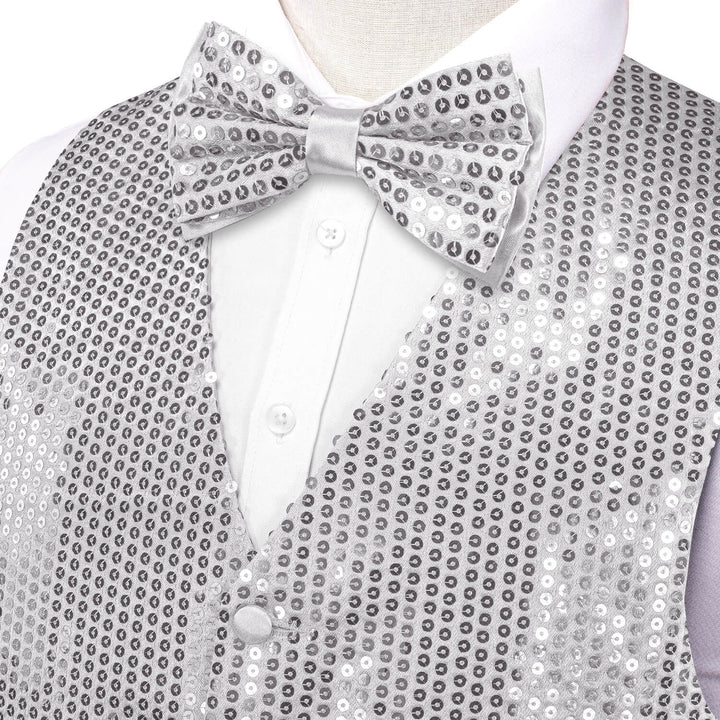 Light Gray Sequins Vest Bow Tie Set