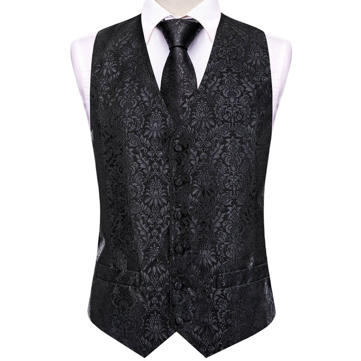 Coal Black Jacquard Floral Silk Vest Necktie