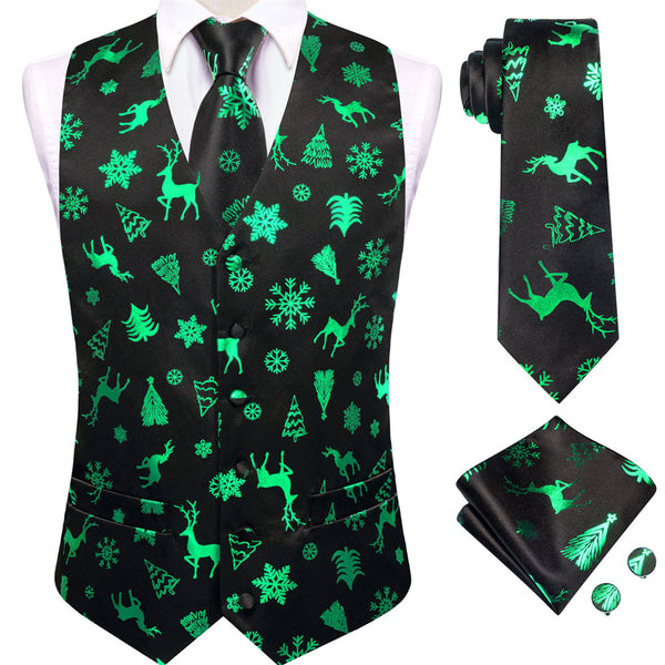 Ties2you Mens Silk Waistcoat Black Green Christmas Elements Vest Necktie Set