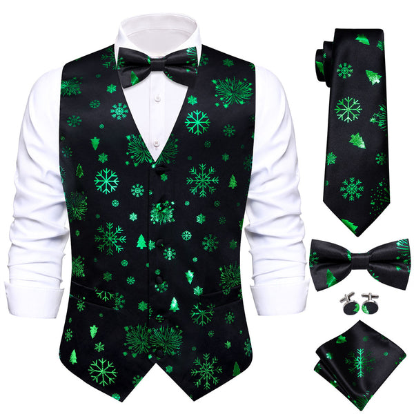 Ties2you Men's Vest Black Green Christmas Elements Silk Vest Necktie Bow Tie Handkerchief Cufflinks Set