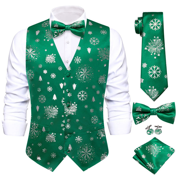 Ties2you Men's Vest Green Christmas Elements Silk Vest Necktie Bow Tie Handkerchief Cufflinks Set