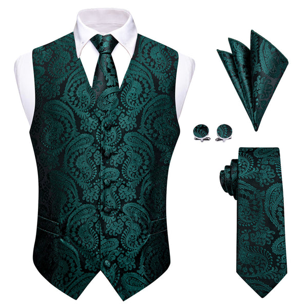 Ties2you Dark Green Paisley Jacquard Silk Men's Vest Hanky Cufflinks Tie Set