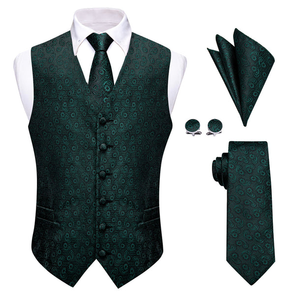 Ties2you Dark Green Paisley Jacquard Silk Men's Vest Hanky Cufflinks Tie Set