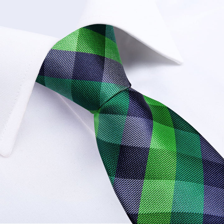 Green Blue Plaid Silk Mens Fashion Ties Set for Wedding,Business or Party.