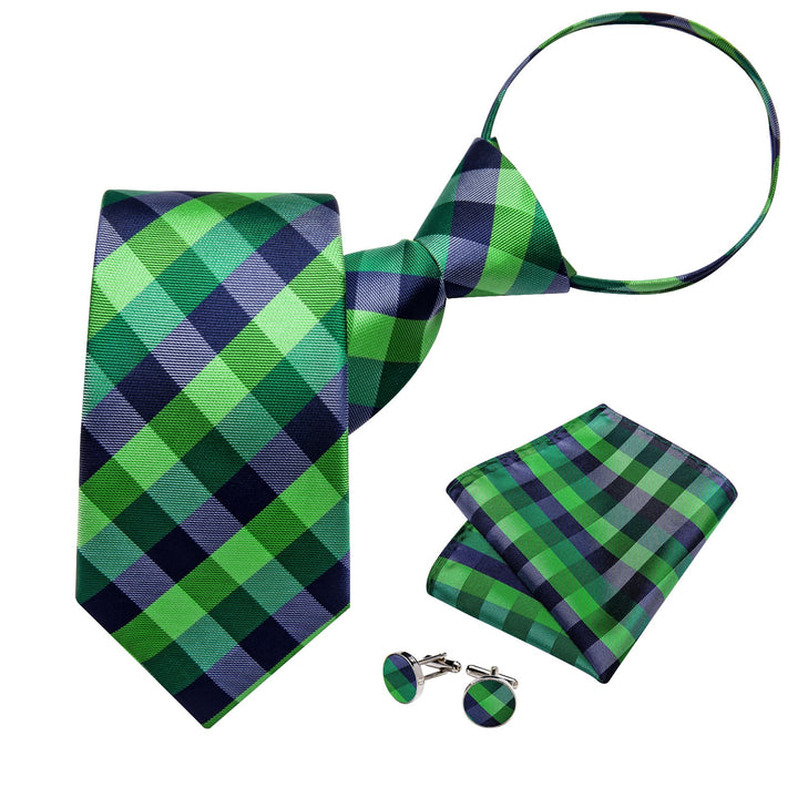 Green Blue Plaid Silk Mens Fashion Ties Set for Wedding,Business or Party.