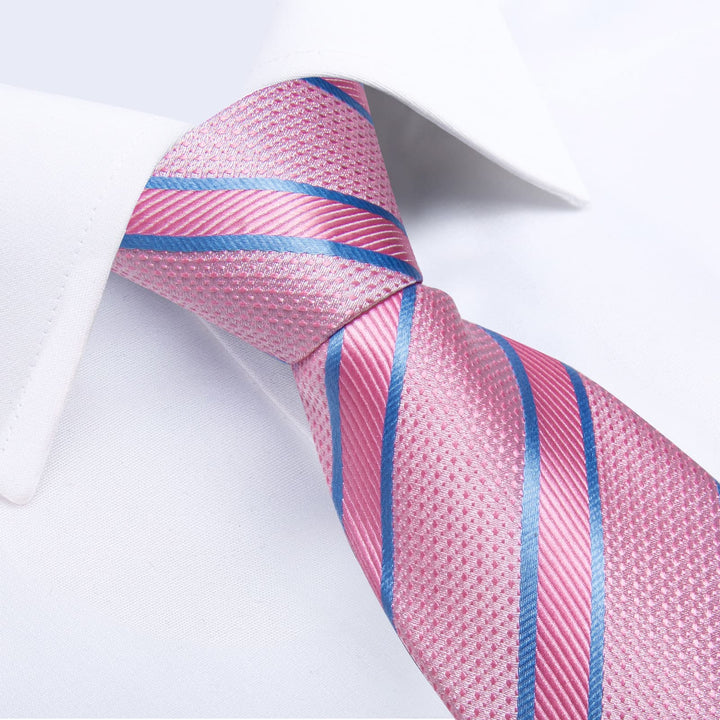 Light pink blue line striped fashionable mens silk ties set for dress shirt