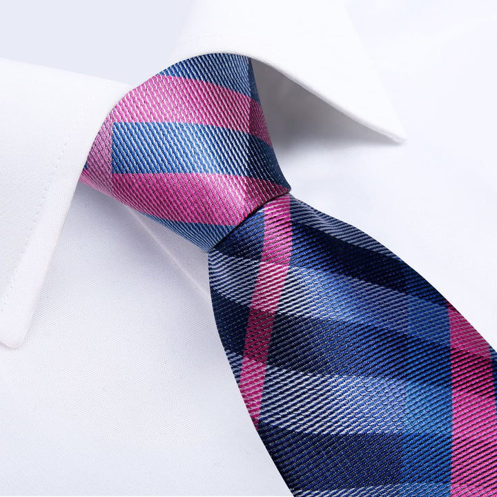 Blue red irregular striped mens fashion business silk ties pocket square cufflinks set