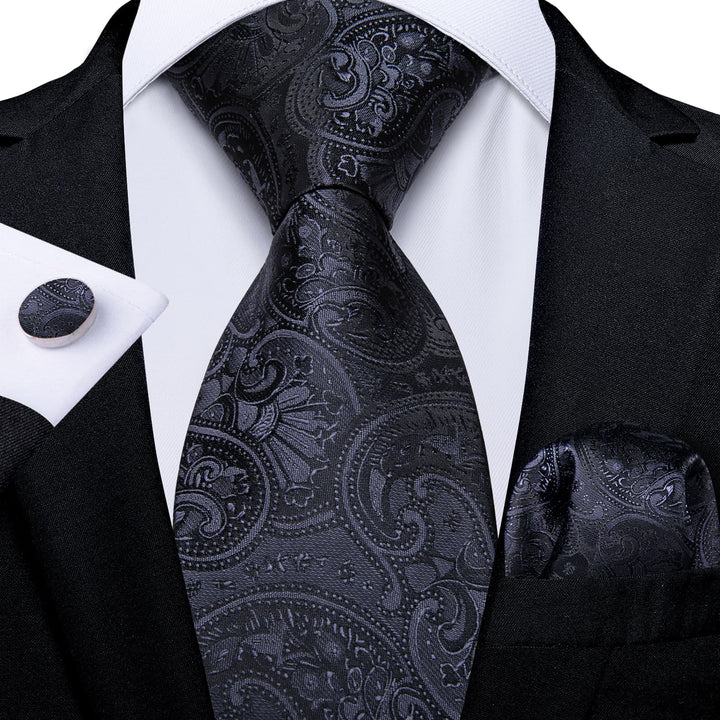 mens silk paisley black ties hanky cufflinks set