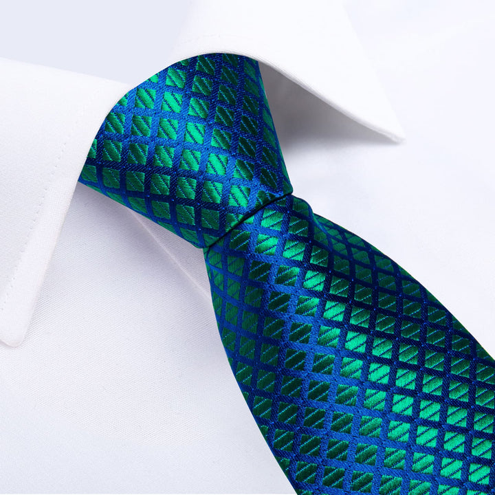 Emerald Green Blue Plaid Lazy Easy-pull Silk Mens Ties Pocket Sqaure Cufflinks Set