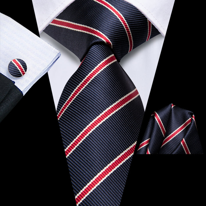 mens business dark blue red white striped silk ties pocket square cufflinks set