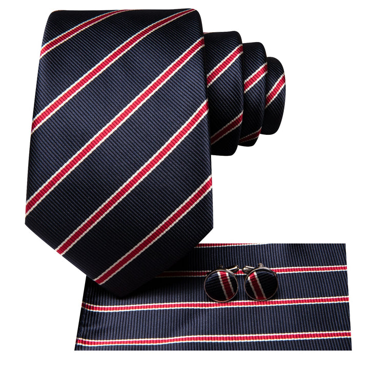 Fashion Business Dark Blue Red Striped Mens Tie Pocket Square Cufflinks Set