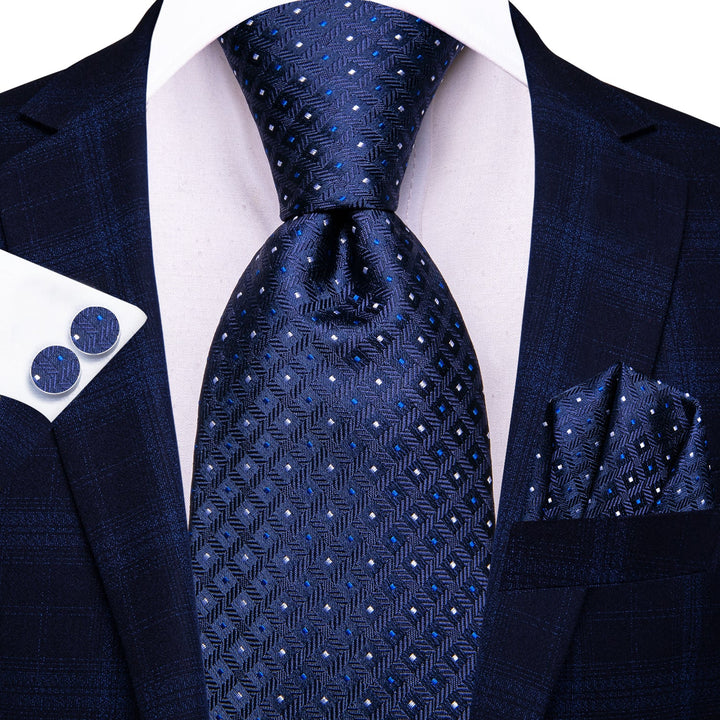 fashion plaid white and dark blue tie pocket square cufflinks set