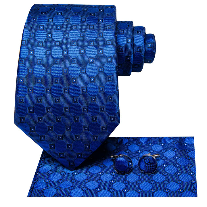 Geometric Tie Navy Blue Silk Men's Tie Pocket Square Cufflinks Set