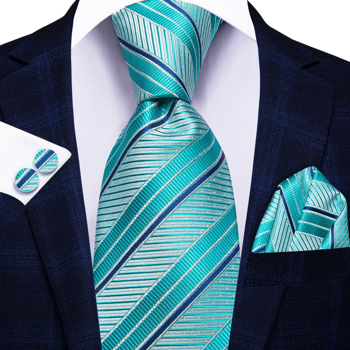 Striped Tie Pale Teal Silk Men's Tie Hanky Cufflinks Set