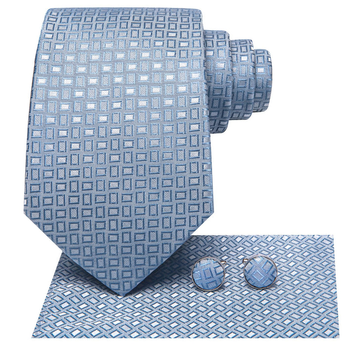 Geometric Tie Stone Blue Silk Men's Tie Pocket Square Cufflinks Set