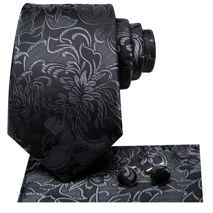 Floral Tie Black Grey Mens Silk Tie Handkerchief Cufflinks Set