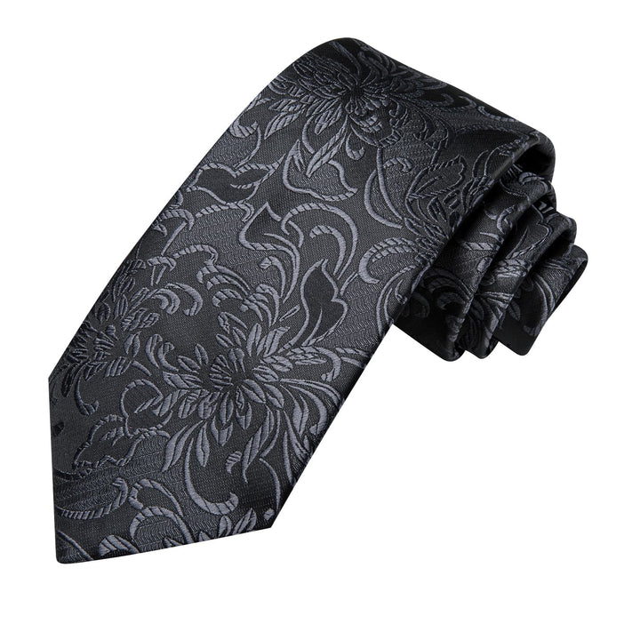 Floral Tie Black Grey Mens Silk Tie Handkerchief Cufflinks Set