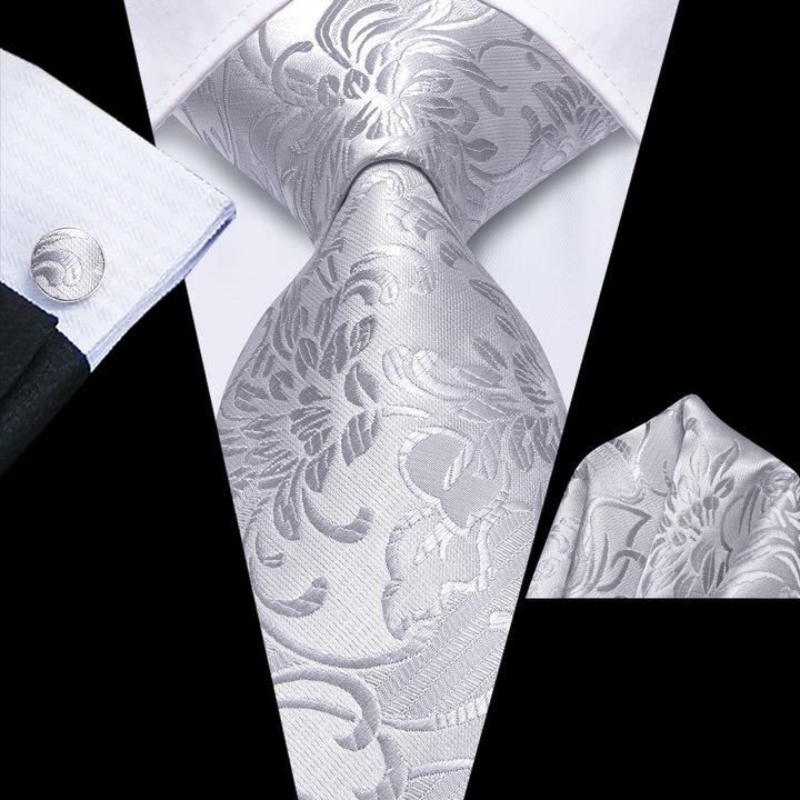 Floral Tie Cloud Grey Mens Silk Tie Handkerchief Cufflinks Set