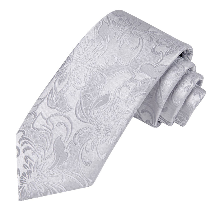 Floral Tie Cloud Grey Mens Silk Tie Handkerchief Cufflinks Set