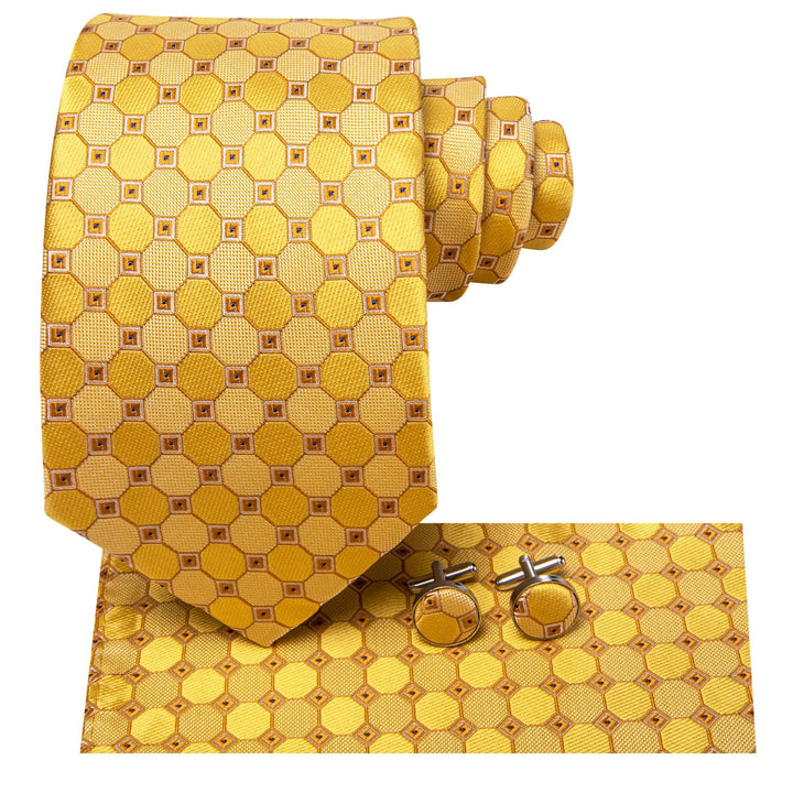 Mens Tie Canary Yellow Geometric Silk Tie Pocket Square Cufflinks Set