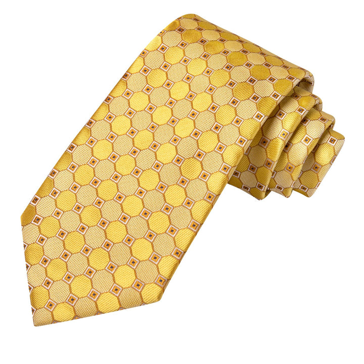 Mens Tie Canary Yellow Geometric Silk Tie Pocket Square Cufflinks Set