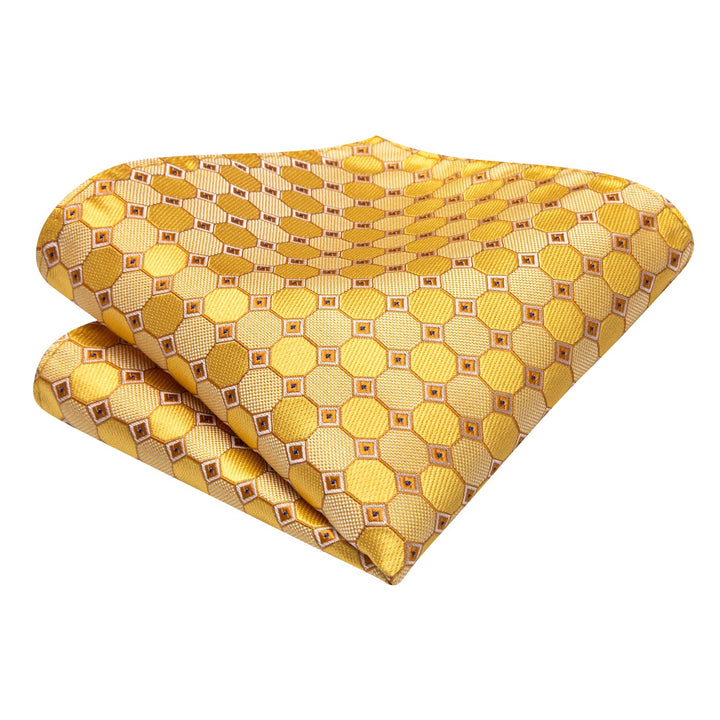 Mens Tie Canary Yellow Geometric Silk Tie Pocket Square Cufflinks Set