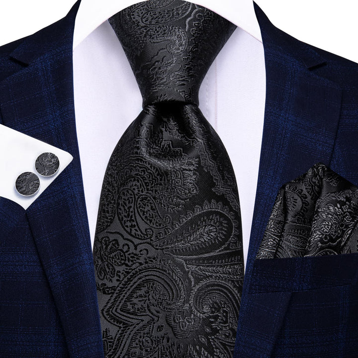 Paisley Tie Ink Black Mens Silk Tie Handkerchief Cufflinks Set for Business Necktie