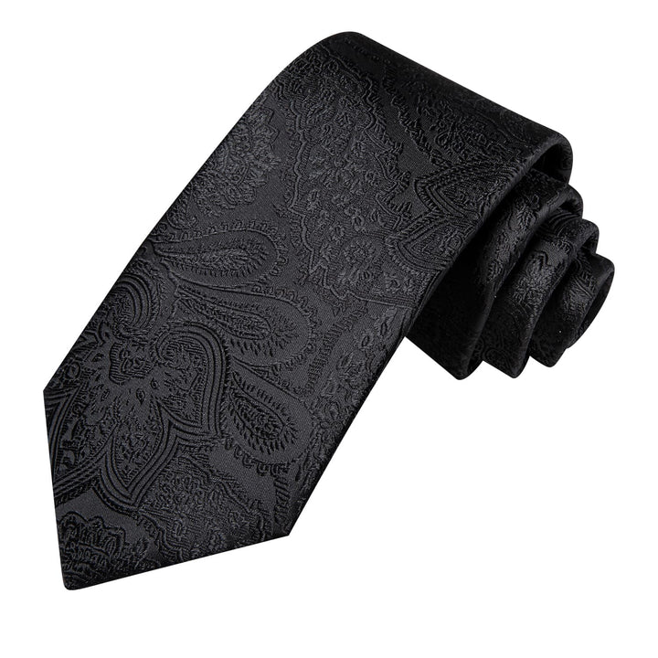 Paisley Tie Ink Black Mens Silk Tie Handkerchief Cufflinks Set for Business Necktie