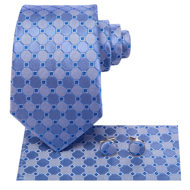 Geometric Tie Light Blue Mens Silk Tie Pocket Square Cufflinks Set New Arrival