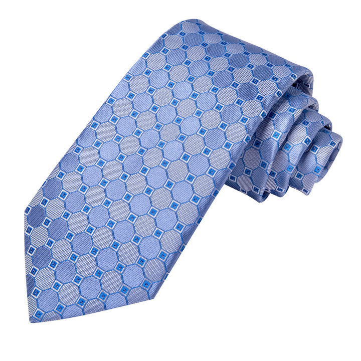 Geometric Tie Light Blue Mens Silk Tie Pocket Square Cufflinks Set New Arrival