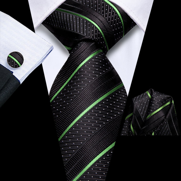 black light green striped white polka dot mens silk necktie handkerchief cufflinks set for office business