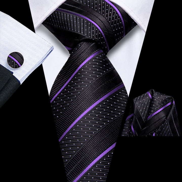 Striped Tie Business Black Violet Purple Silk Men's Tie Pocket Square Cufflinks Set