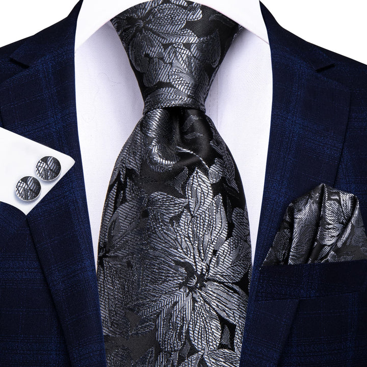 fashion floral design silk men's black and silver tie handkerchief cufflinks set for business