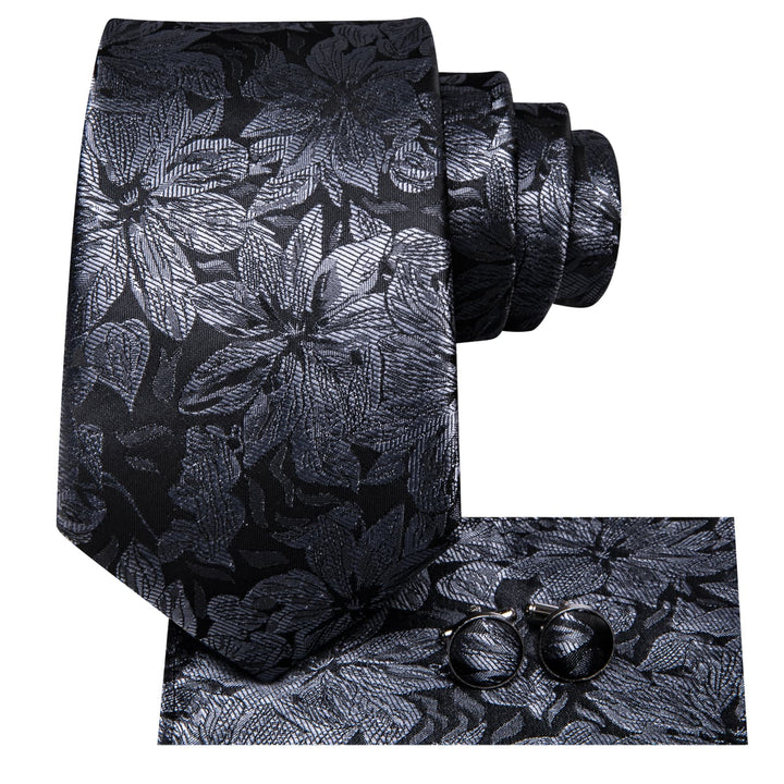 fashion floral design silk men's black and silver tie handkerchief cufflinks set for business