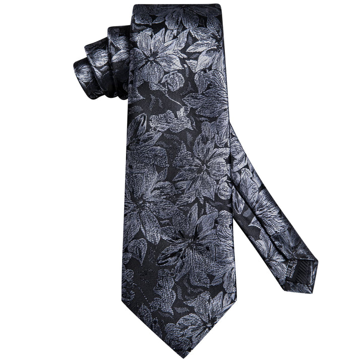 fashion floral design silk men's black and silver tie handkerchief cufflinks set for business